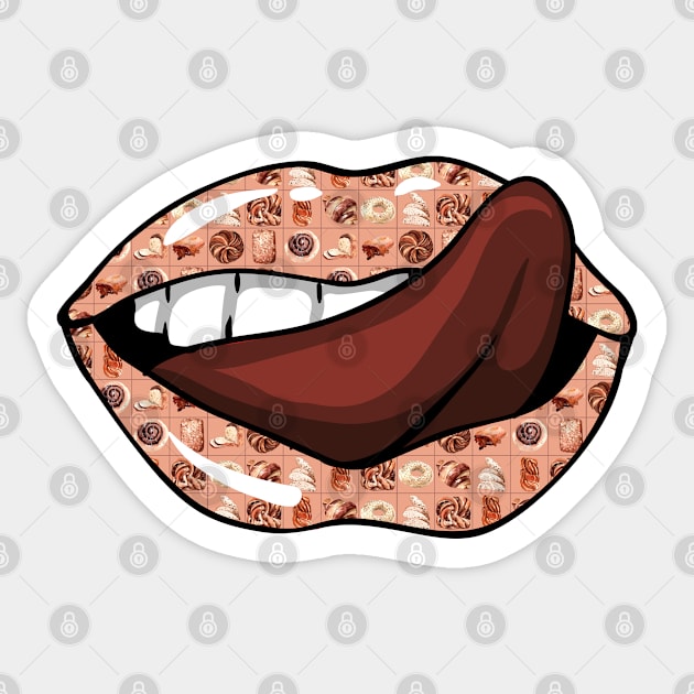 Artistic Abstract Bread and Pastries Pattern Lips with Brown Tongue - by Iskybibblle Sticker by iskybibblle